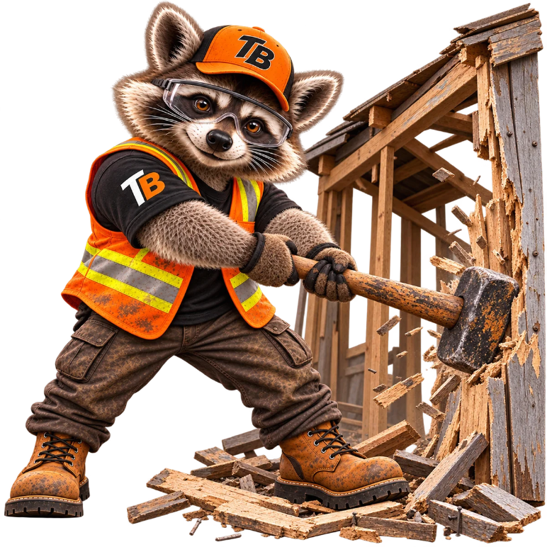 Trash Bandits mascot in safety gear taking down an old wooden structure