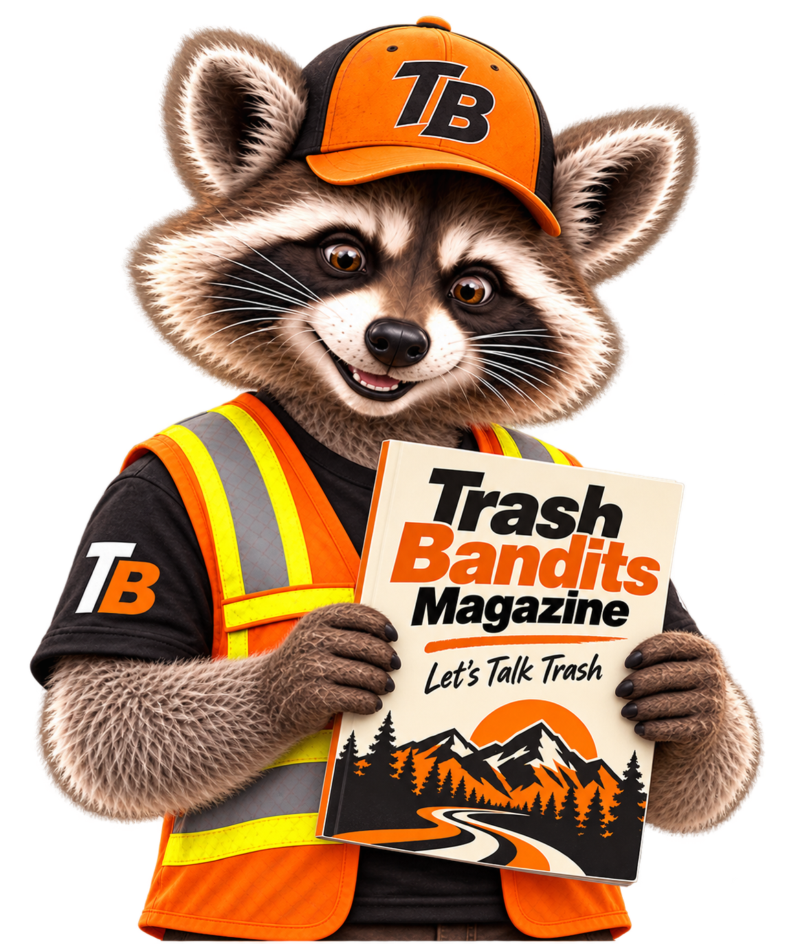 Trash Bandits raccoon mascot holding a Trash Bandits Magazine