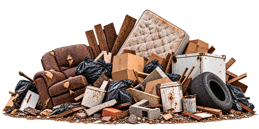 Pile of household junk including an old couch, mattress, appliances, boxes, tires and trash bags ready for removal