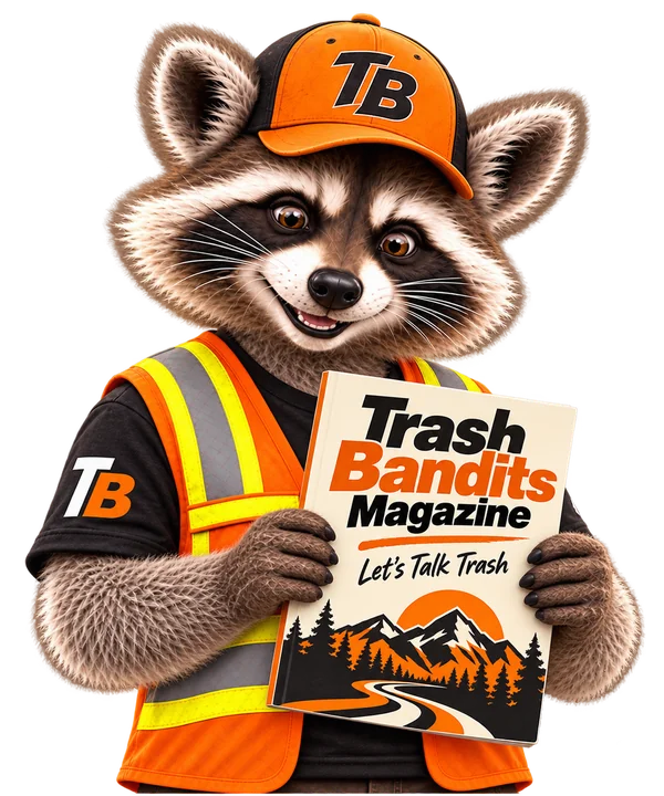 Trash Bandits raccoon mascot holding a Trash Bandits Magazine