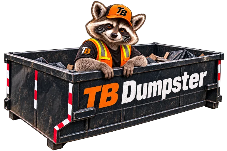 Trash Bandits mascot resting his arms on a TB Dumpster