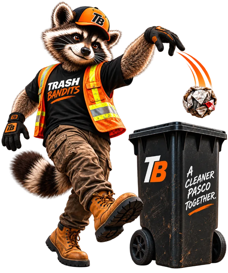 Trash Bandits junk removal mascot tossing trash into a garbage can