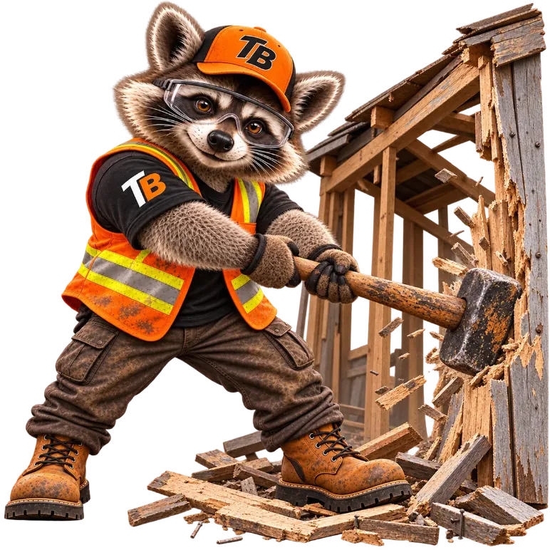 Trash Bandits raccoon mascot in safety gear swinging a sledgehammer at a wooden structure during demolition