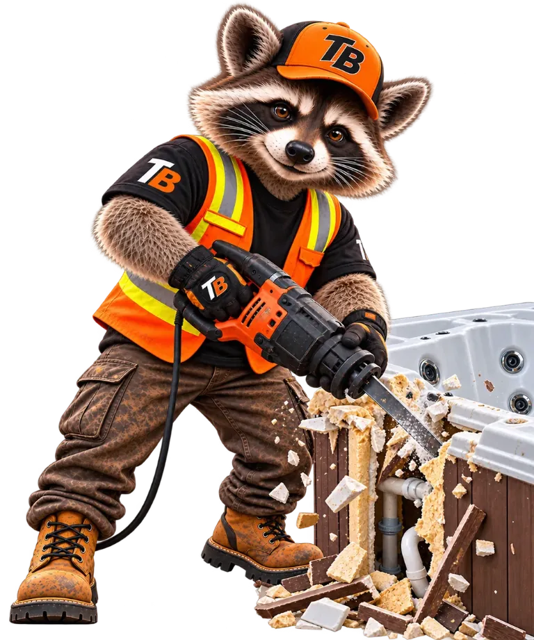 Trash Bandits raccoon mascot using a jackhammer to break apart an old hot tub for removal