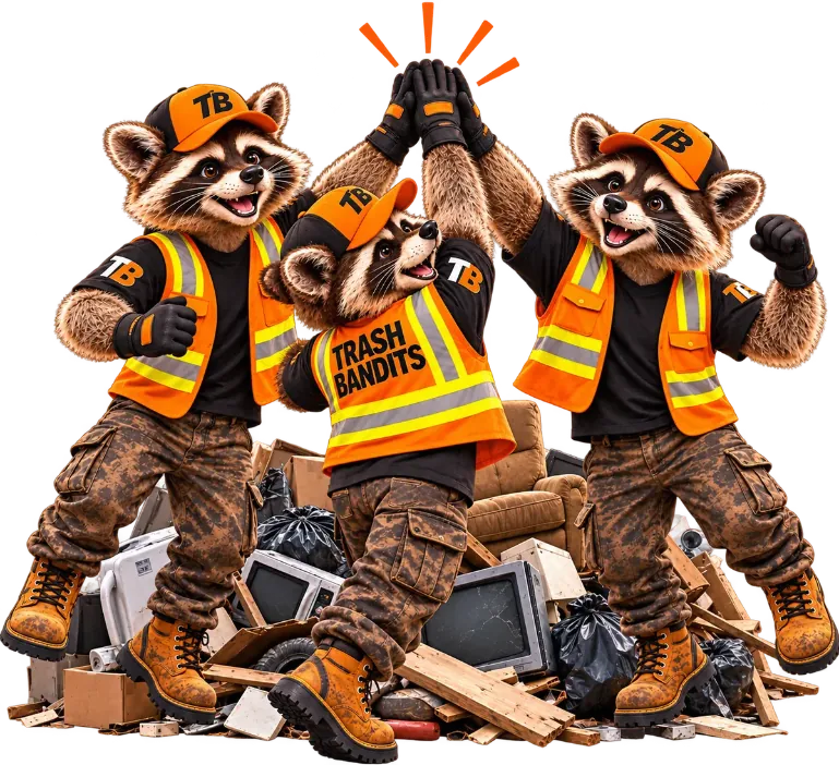 Three Trash Bandits raccoon mascots in safety vests high-fiving on top of a junk pile