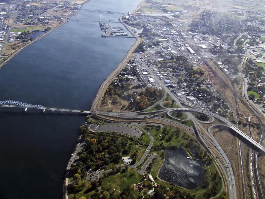 Aerial view of the Columbia River and the Blue Bridge in the Tri-Cities, WA