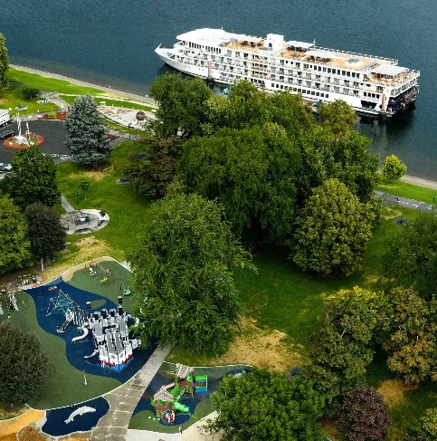 Aerial view of Howard Amon Park and its playground beside the Columbia River in Richland, WA